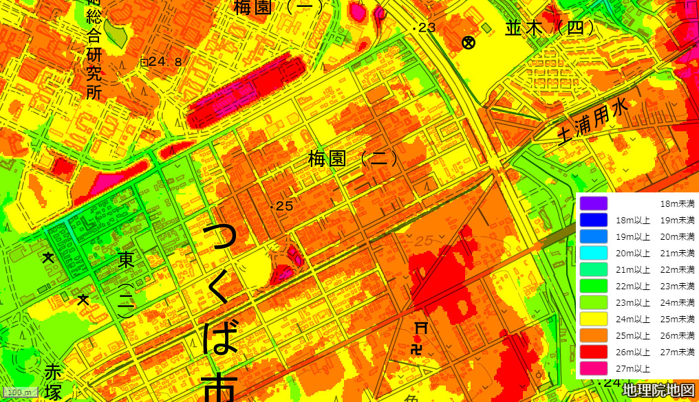 梅園2丁目の標高図